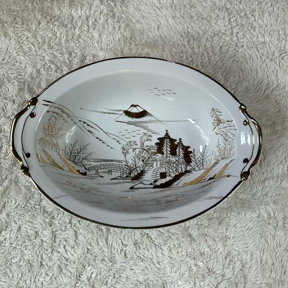 Vintage Kutani Oval Vegetable bowl KUT109 white gold mountain bridge water wheel - Picture 1 of 11